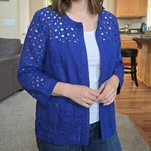 Chicos sz 2 (Large / 12 ) open front blue cut out linen and lace jacket